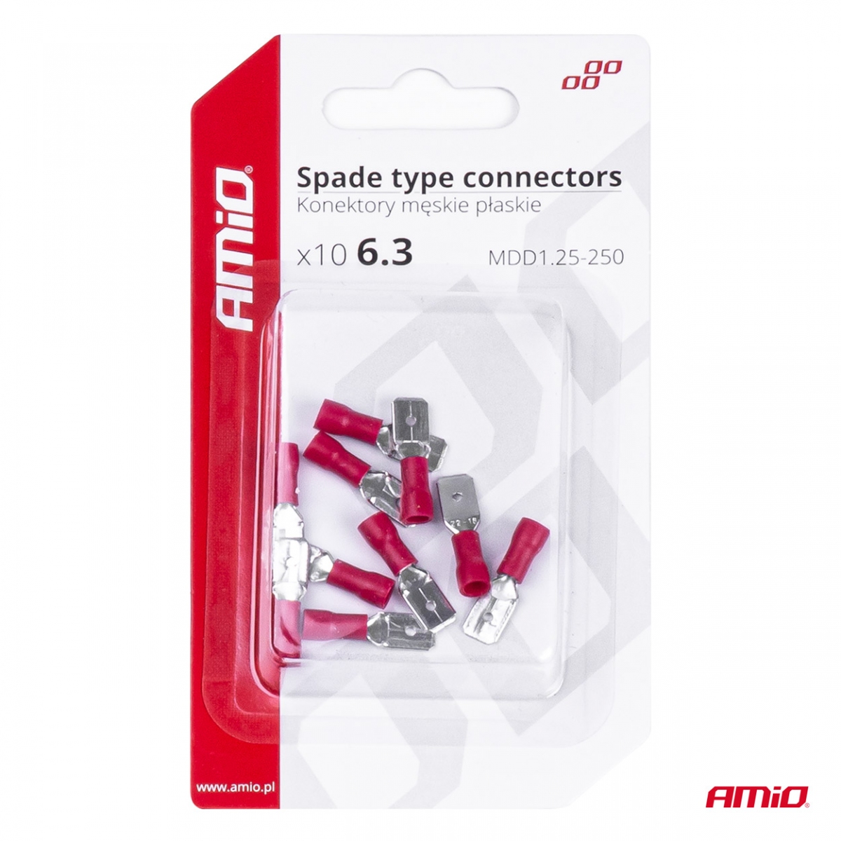 Eristetyt uros litteät liittimet 6.3mm 0.5-1.5mm2 10A 10 kpl AMIO-03066