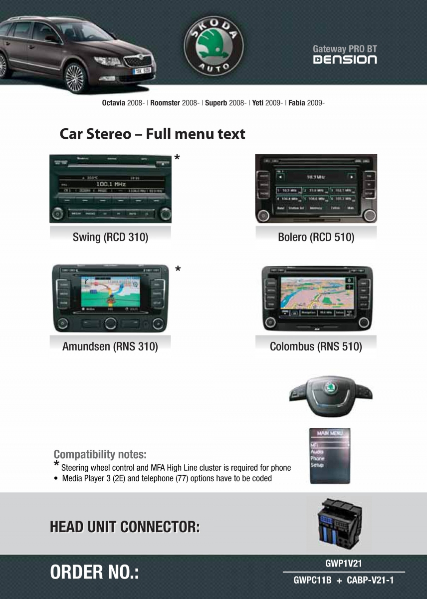 Dension Pro BT,AUX,USB,iPod,iPhone,ID3 - VW Skoda RCD310/510