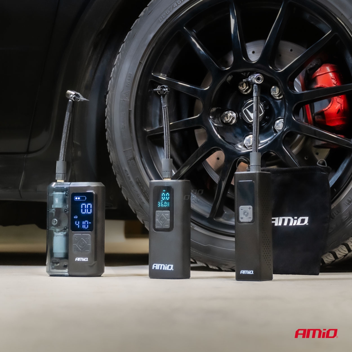 Kompresor samochodowy bezprzewodowy akumulatorowy powerbank LED USB-C 40W AMIO-04377