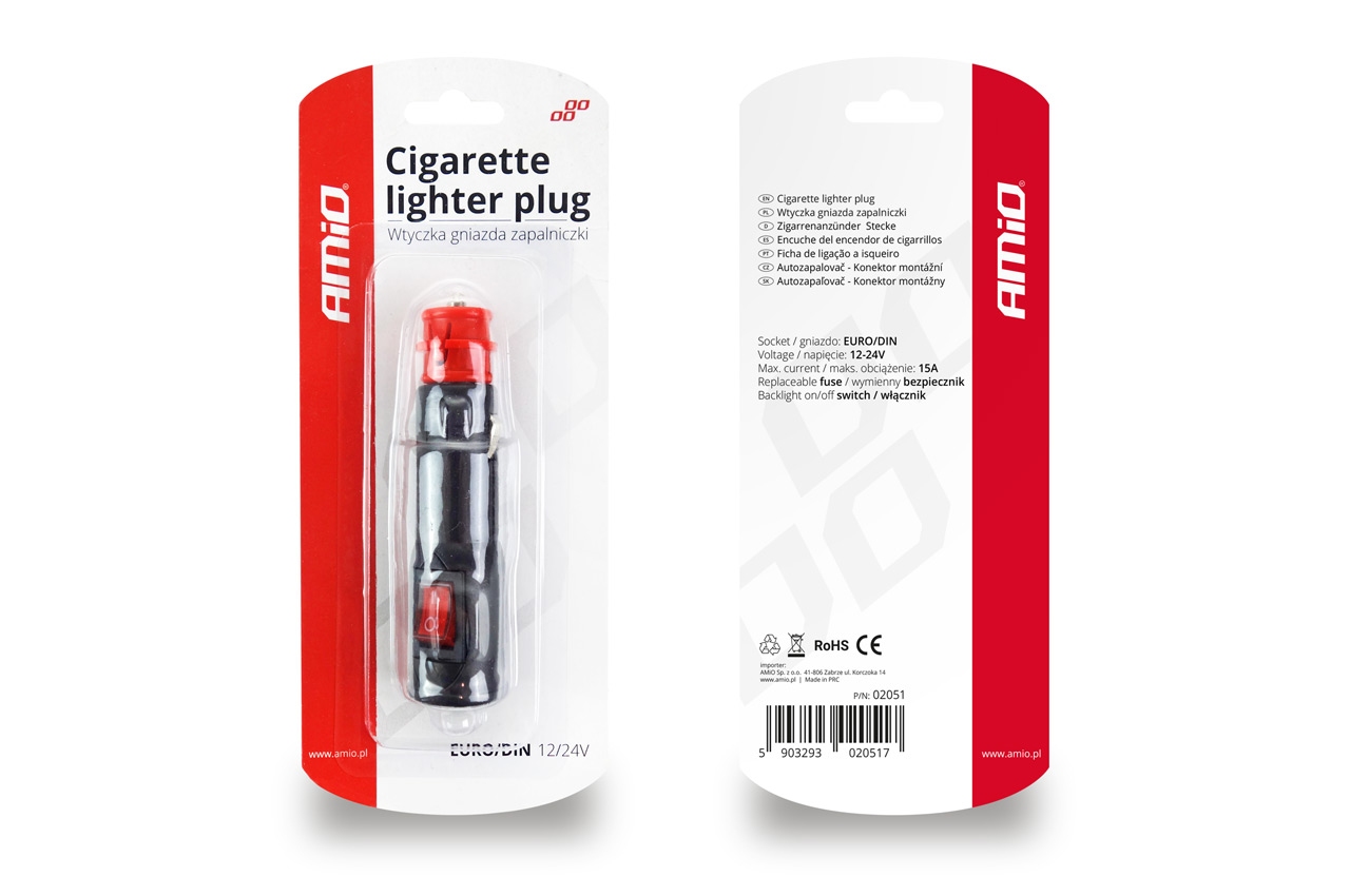 Wtyczka gniazda zapalniczki z włącznikiem EURO DIN 12V 24V AMIO-02051