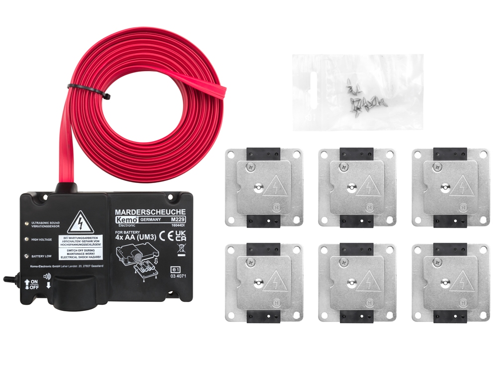 Urządzenie do odstraszania kun, zasilane akumulatorem samochodowym, z płytami stykowymi plus-minus