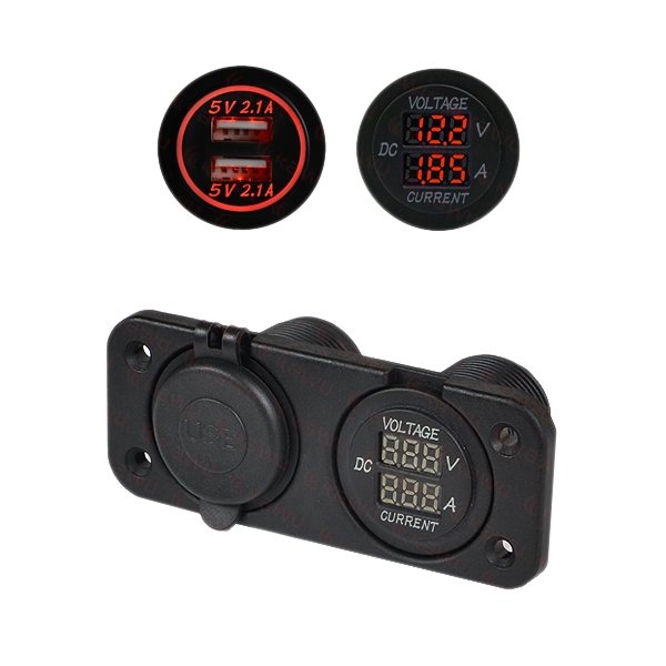 Zestaw montażowy panel x2 + zasilacz USB 2x 2.1A / cyfrowy voltomierz / amperomierz