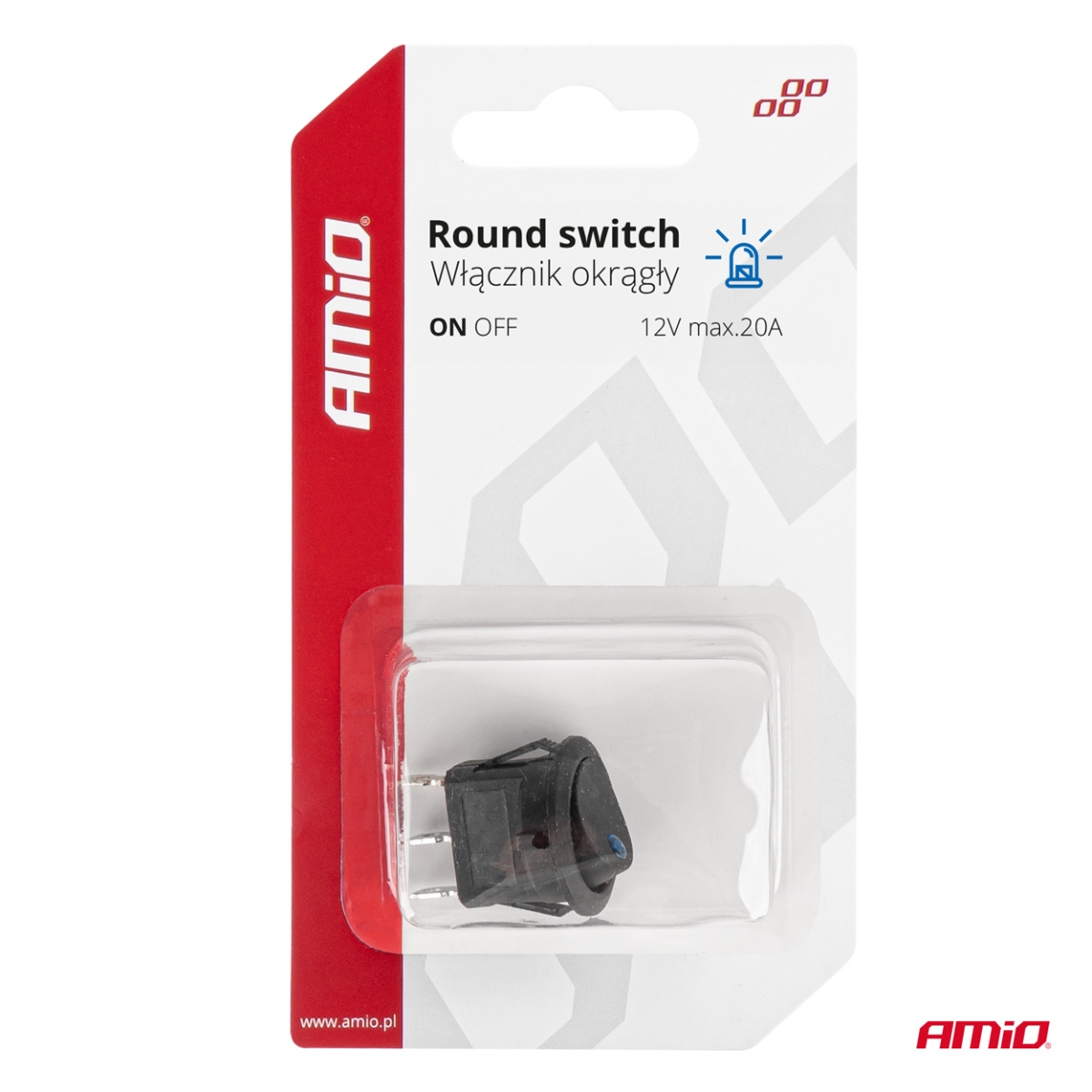 Brytare, rund knapp, 12V 20A, PÅ AV, blå bakgrundsbelysning, AMIO-03963