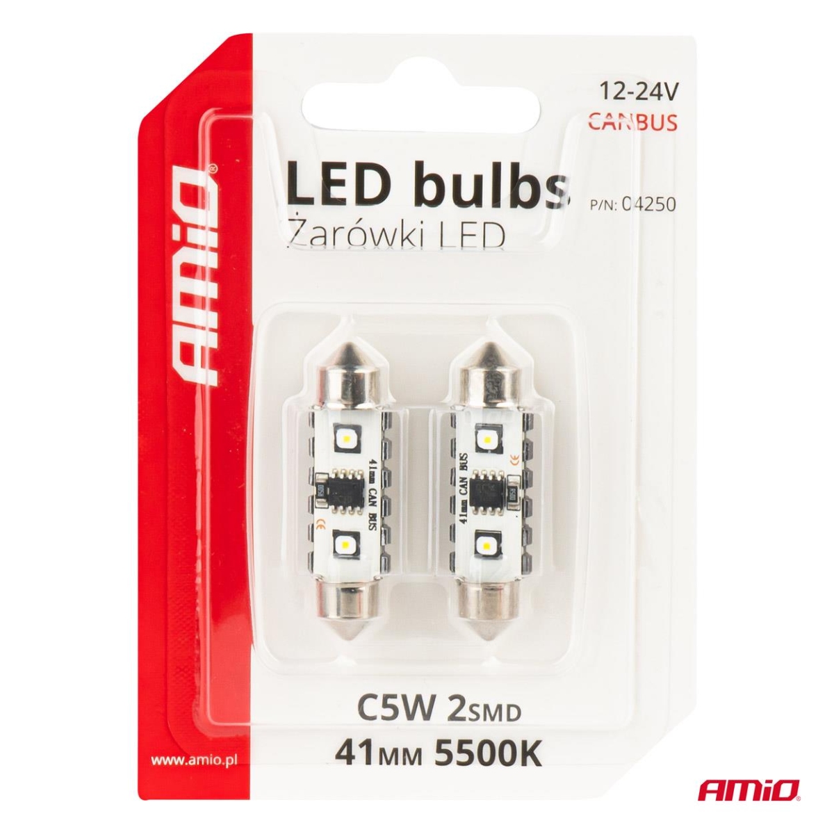 Żarówki LED CANBUS Festoon C5W 2SMD 3838 41mm White 12V 24V AMIO-04250