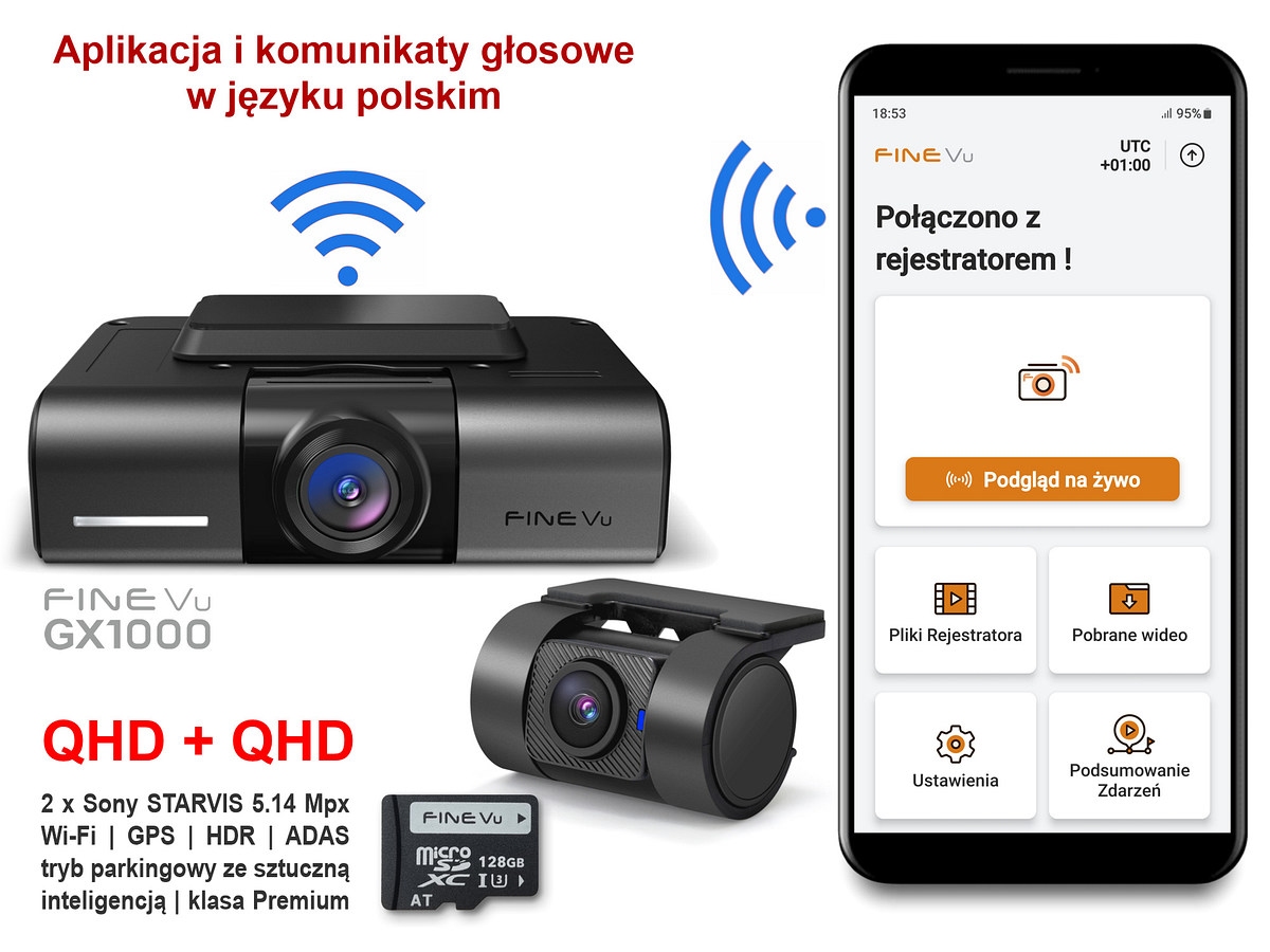 Wideorejestrator FineVu GX1000, QHD+QHD, Sony Starvis, HDR, WiFi, GPS, Fotoradary, karta 128 GB
