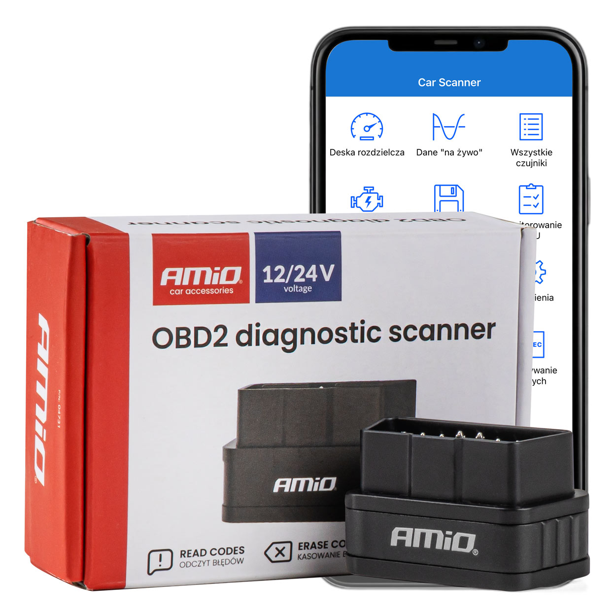 Skaner tester interfejs diagnostyczny AMiO ELM327 OBD2 BT PIC25K80 DC24K AMIO-04731